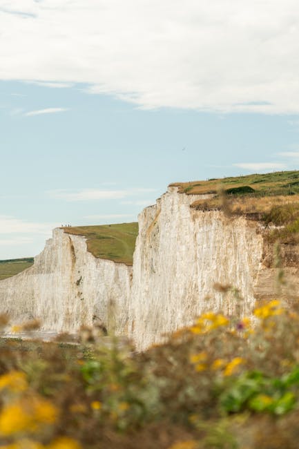 A scenic view of white chalk cliffs rising sharply from the land, topped with grassy green fields and patches of brown soil. The cliffs extend into the distance under a partly cloudy sky, with some sm